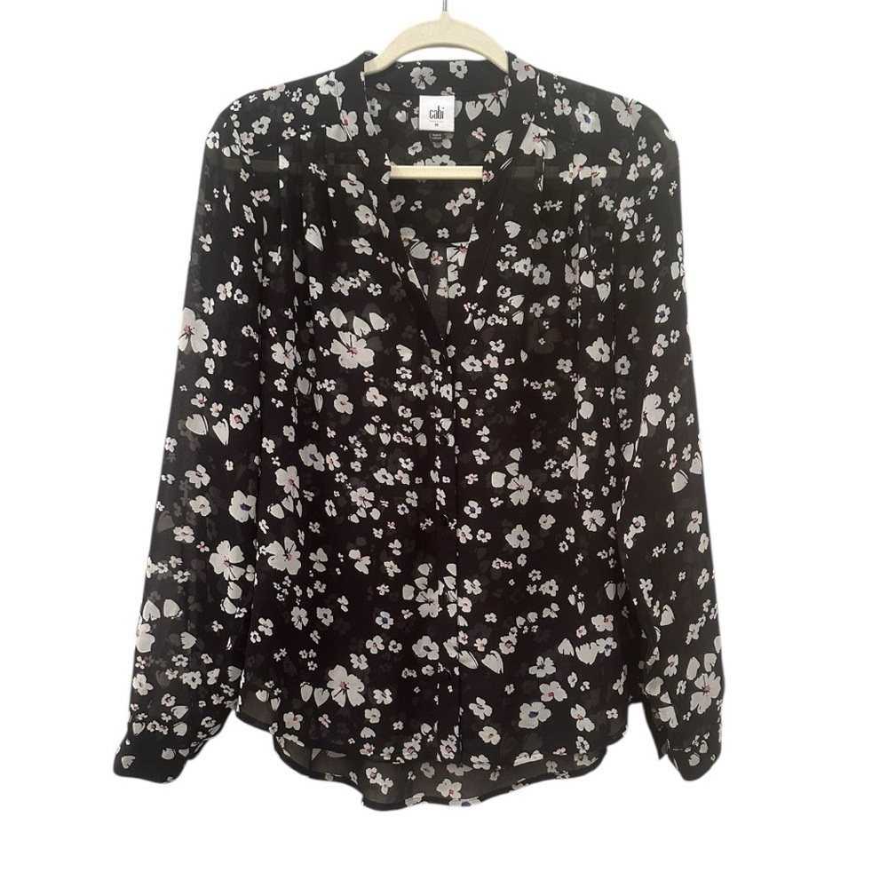 CAbi Black and White Floral Blouse Sheer Lightweight Layer Garden Girl Sz M